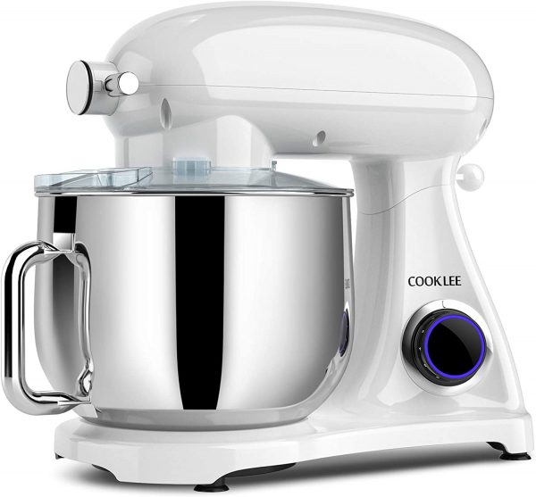 COOKLEE - Mezclador de pie (800 W, 8,5 cuartos de galón) con ganchos de masa aptos para lavavajillas, batidores, escudo batidor y vertido, SM-1522NM, porcelana blanca