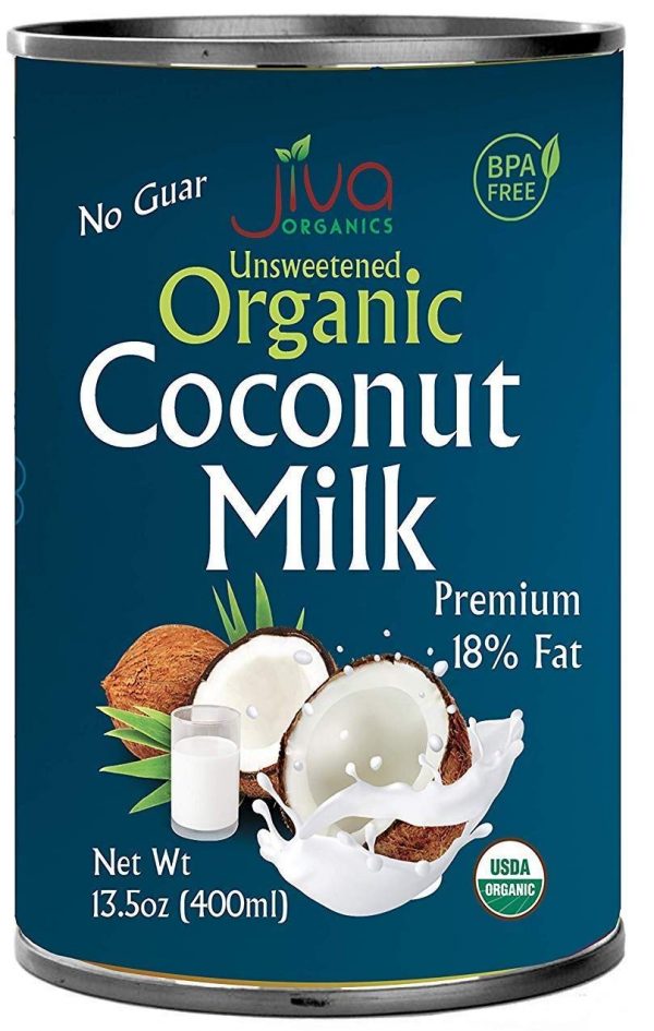 Leche de coco orgánica de 13.5 onzas (paquete de 12) Premium - sin endulzar, completo 18% de grasa, vegano, paleo, sin goma guar, libre de BPA, keto Friendly - por Jiva Organics