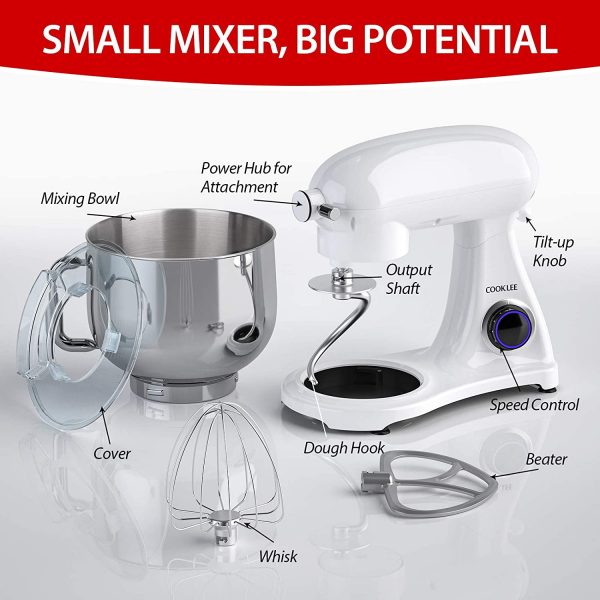 COOKLEE - Mezclador de pie (800 W, 8,5 cuartos de galón) con ganchos de masa aptos para lavavajillas, batidores, escudo batidor y vertido, SM-1522NM, porcelana blanca - Imagen 6
