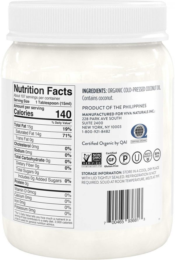 Viva Naturals Aceite de Coco Virgen Extra Orgánico (54 Oz) – Sin Gmo prensado en Frío - Imagen 2