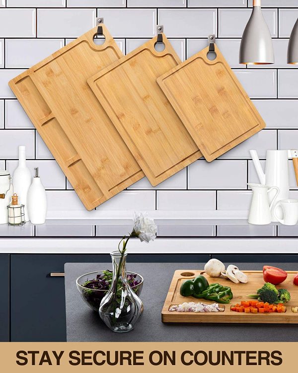 Tabla de cortar de bambú para cocina, juego de 3 tablas de cortar de cocina con 3 compartimentos integrados y ranura para jugo resistente bandeja para servir madera bloque de carnicero y tabla de tallado de madera con agujero - Imagen 5
