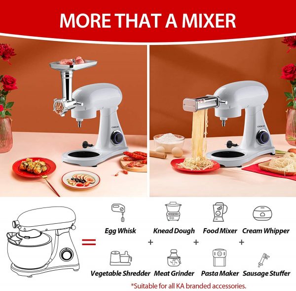 COOKLEE - Mezclador de pie (800 W, 8,5 cuartos de galón) con ganchos de masa aptos para lavavajillas, batidores, escudo batidor y vertido, SM-1522NM, porcelana blanca - Imagen 7
