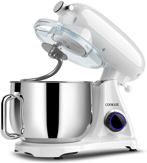COOKLEE - Mezclador de pie (800 W, 8,5 cuartos de galón) con ganchos de masa aptos para lavavajillas, batidores, escudo batidor y vertido, SM-1522NM, porcelana blanca - Imagen 2