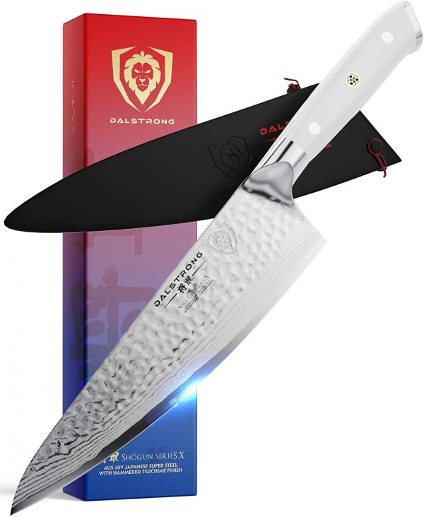 DALSTRONG - Cuchillo de chef - 8.0 in - Shogun Series X - Damasco - Acabado martillado - Japonés AUS-10V Super Acero - Mango ABS blanco glacial - w/vaina