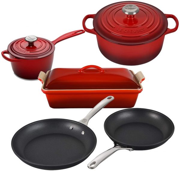 Le Creuset - Juego completo de utensilios de cocina (8 piezas, hierro fundido esmaltado, con botones SS, gres y antiadherente endurecido, antiadherente, color cereza