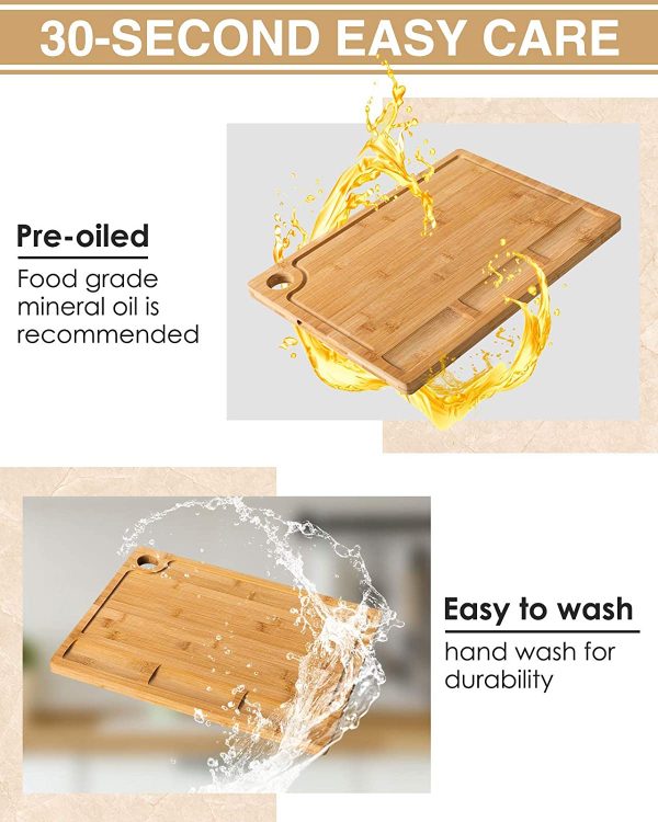 Tabla de cortar de bambú para cocina, juego de 3 tablas de cortar de cocina con 3 compartimentos integrados y ranura para jugo resistente bandeja para servir madera bloque de carnicero y tabla de tallado de madera con agujero - Imagen 6