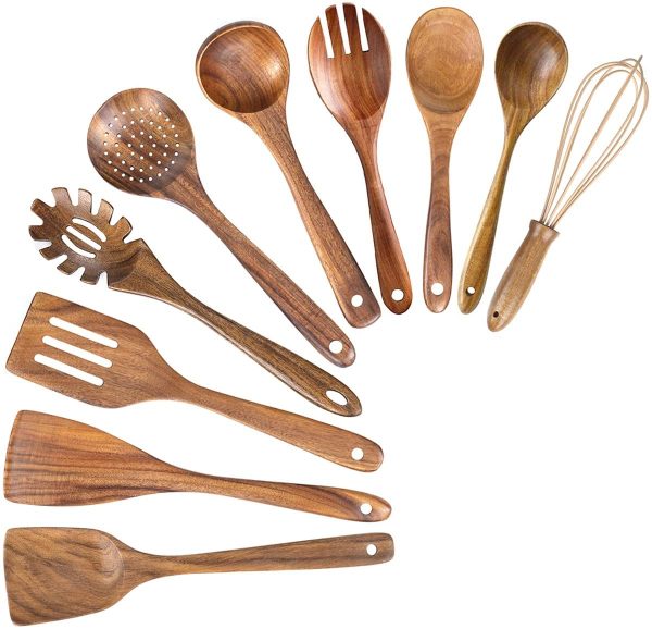 Juego de utensilios de madera natural para cocina, espátula de madera dura antiadherente y cucharas de madera