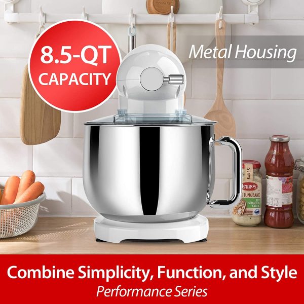 COOKLEE - Mezclador de pie (800 W, 8,5 cuartos de galón) con ganchos de masa aptos para lavavajillas, batidores, escudo batidor y vertido, SM-1522NM, porcelana blanca - Imagen 4
