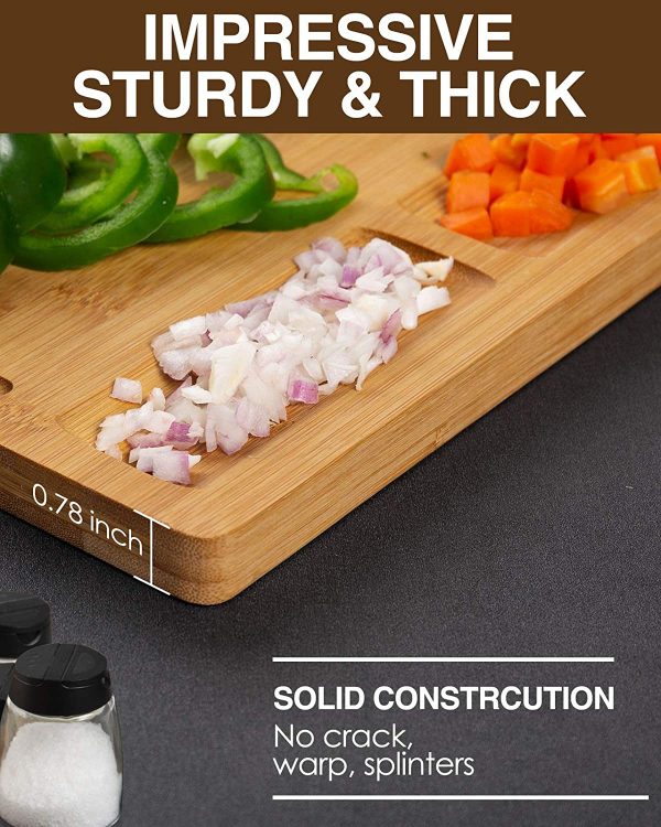 Tabla de cortar de bambú para cocina, juego de 3 tablas de cortar de cocina con 3 compartimentos integrados y ranura para jugo resistente bandeja para servir madera bloque de carnicero y tabla de tallado de madera con agujero - Imagen 4