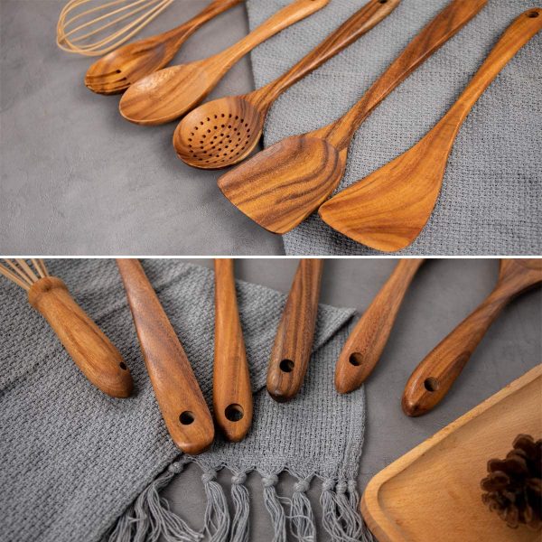 Juego de utensilios de madera natural para cocina, espátula de madera dura antiadherente y cucharas de madera - Imagen 3